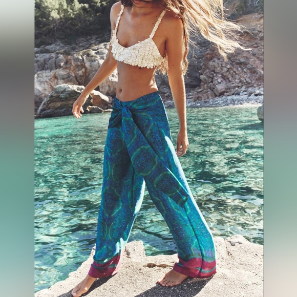 Zara Printed Satin Effect Wrap Front Pants NWT